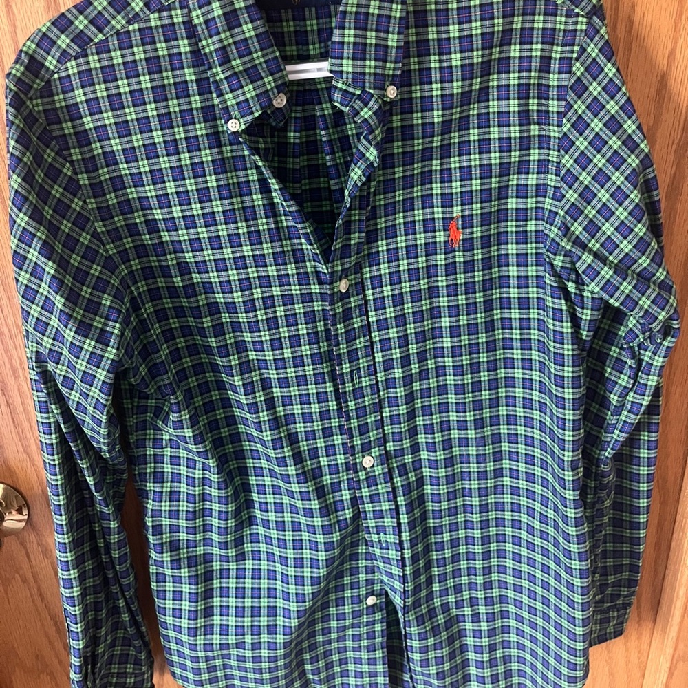 Polo by Ralph Lauren Men's Blue and Green Checkered Shirt